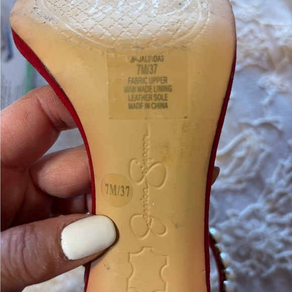 Jessica Simpson Red Pearl-Embellished Heels Women’s Size 7 - Picture 7 of 8